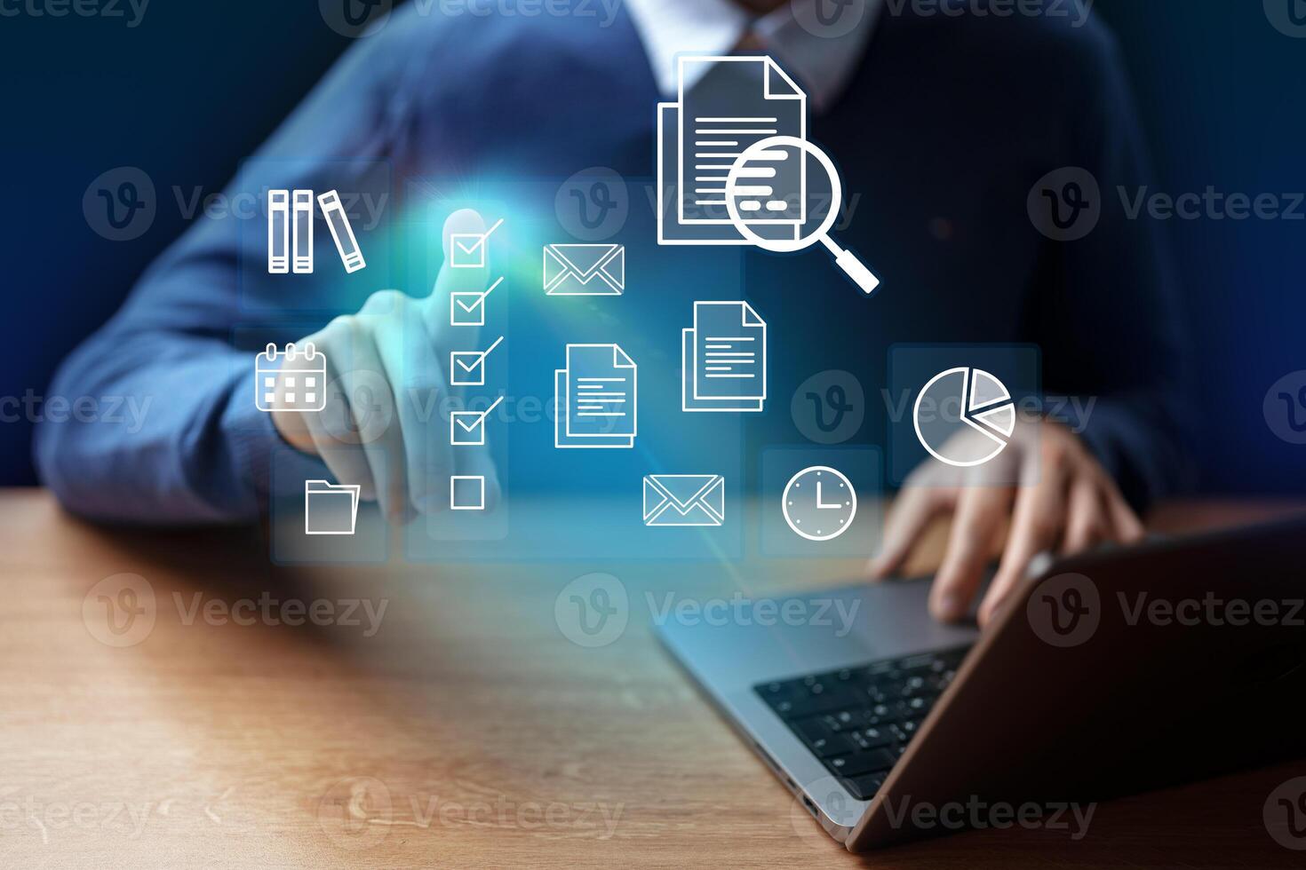 Digital workspace with business analytics and document management in a professional setting photo
