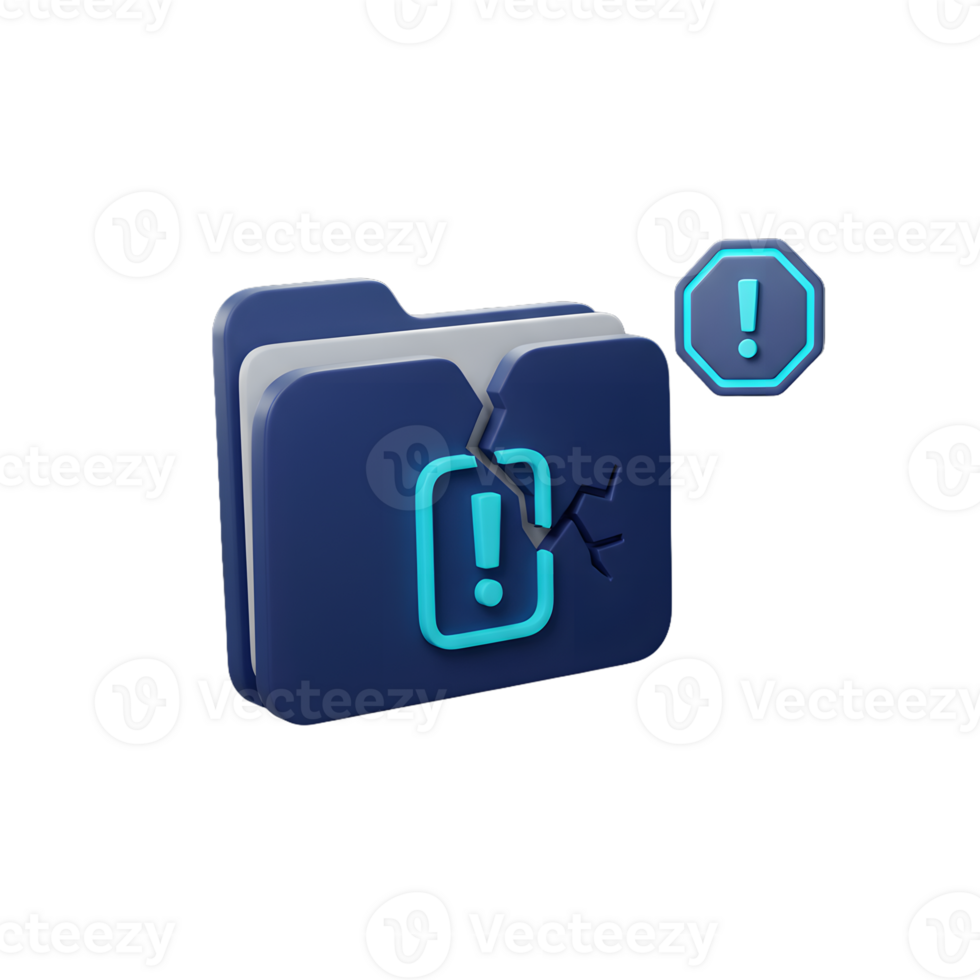 3D Broken File Folder Icon with Neon Blue Warning Symbol for Cybersecurity and Data Loss png