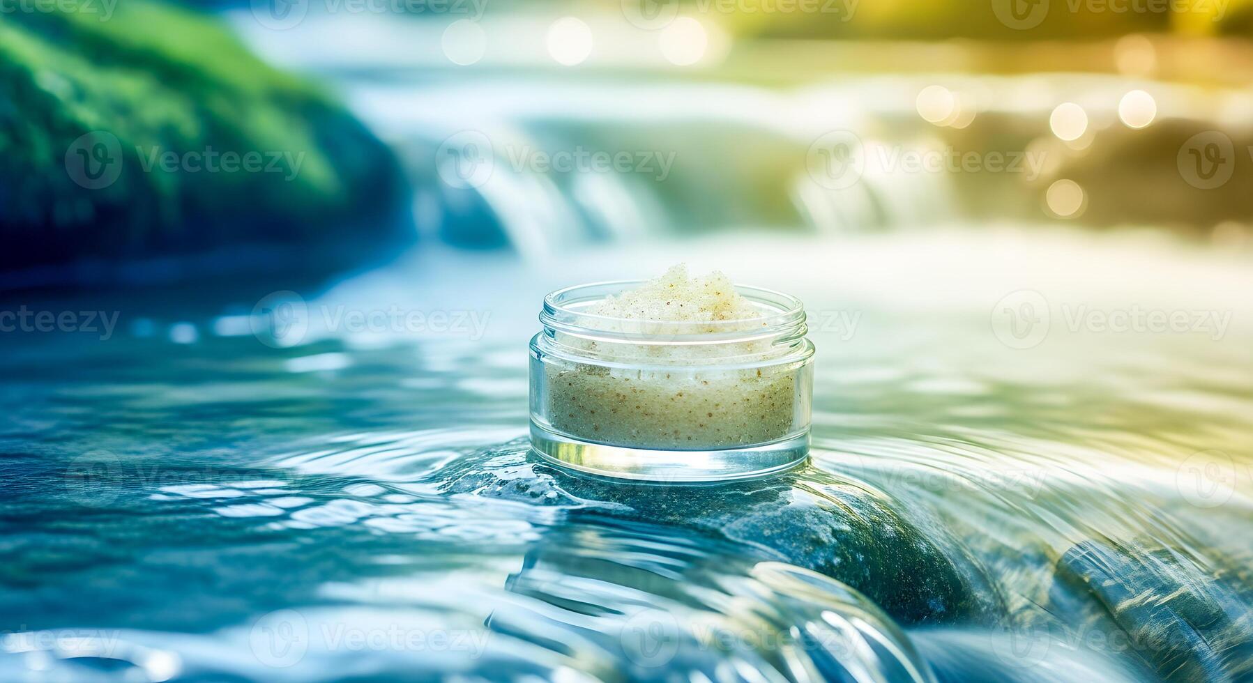 Natural exfoliating scrub in clear jar balanced on wet stone amidst flowing water with soft bokeh background photo