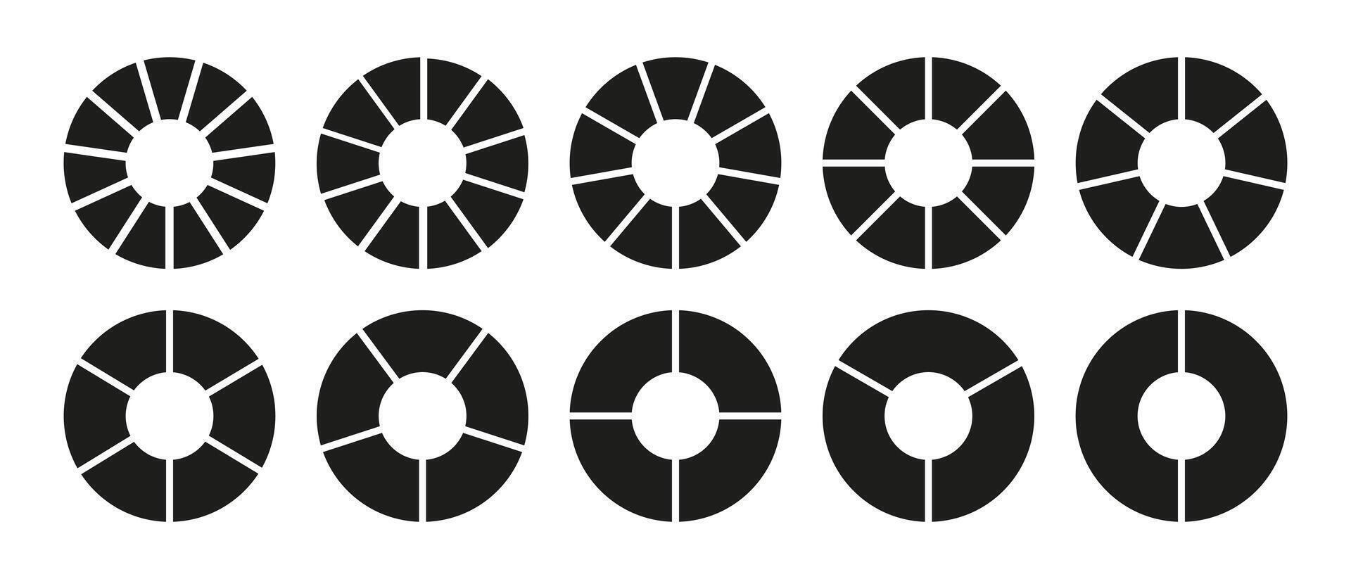 Wheel round divided diagrams with two, three, four, five, six, seven, eight, nine, ten, eleven segments. Circle division on 2, 3, 4, 5, 6, 7, 8, 9, 10, 11 equal parts. Coaching blank. Infographic set vector