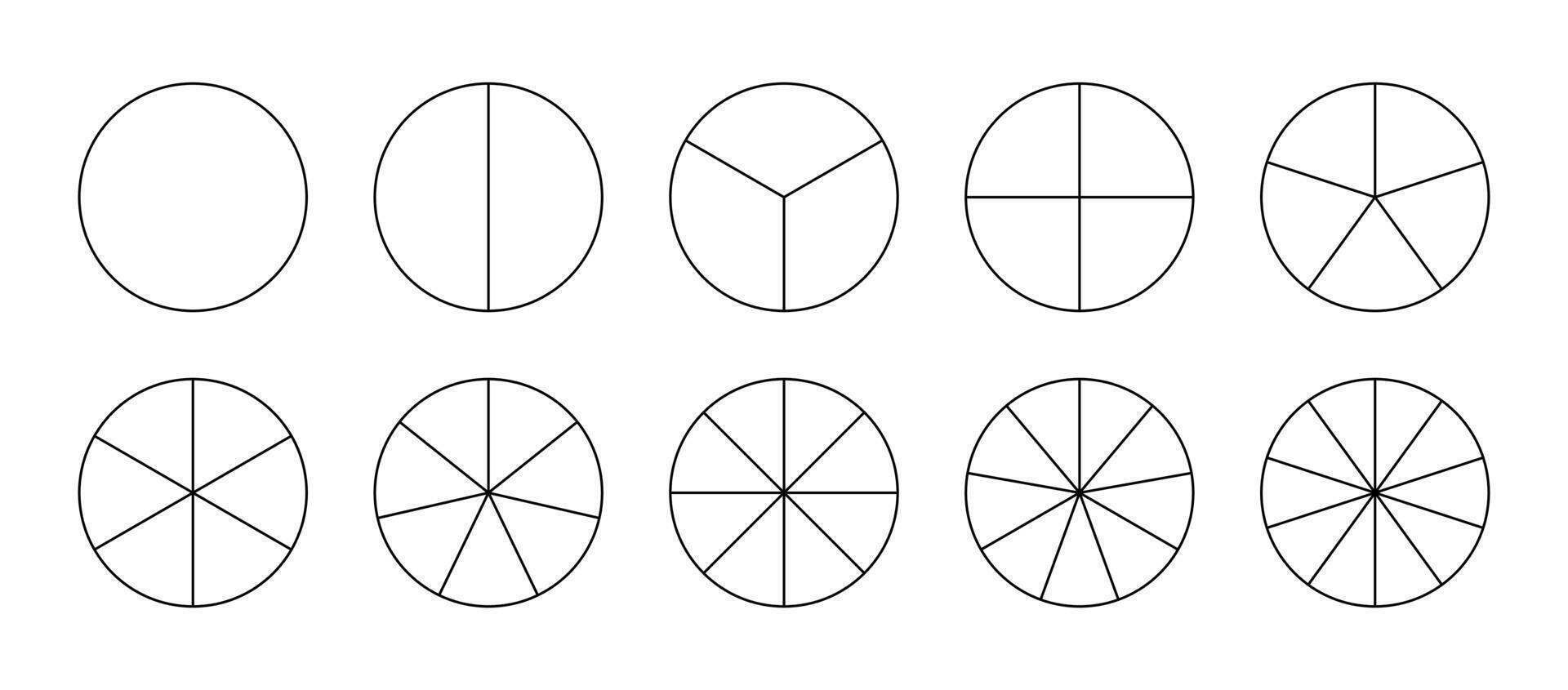 Template of pie chart. Coaching blank. Segmented charts. Sectors divide the circle on equal parts. Parts of diagram wheel from 1 to 10. Outline black graphics. Pie charts, pizza charts set. Segments vector