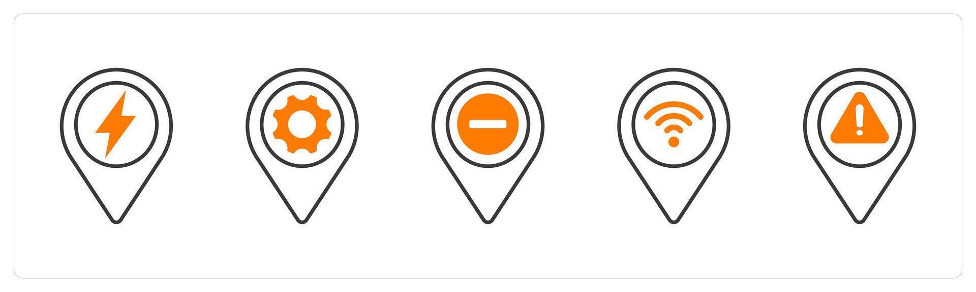 A set of 5 mix icons as electricity, options, trash in orange color vector