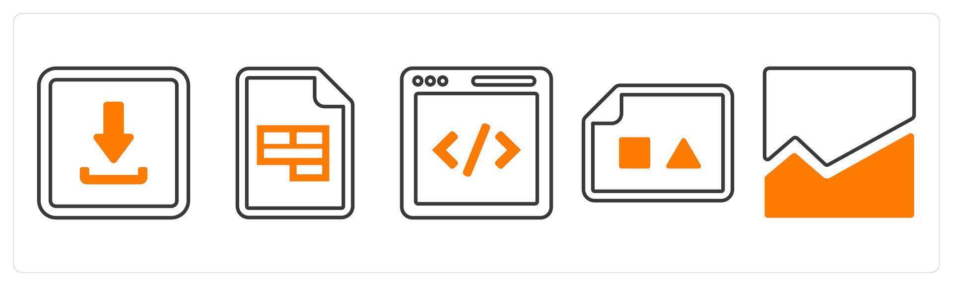 A set of 5 mix icons as download page, excel document, coding in orange color vector