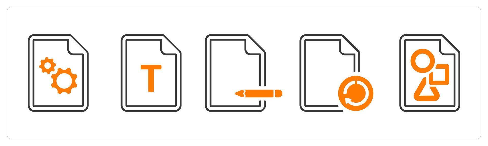 A set of 5 mix icons as optimization, document file, edit in orange color vector