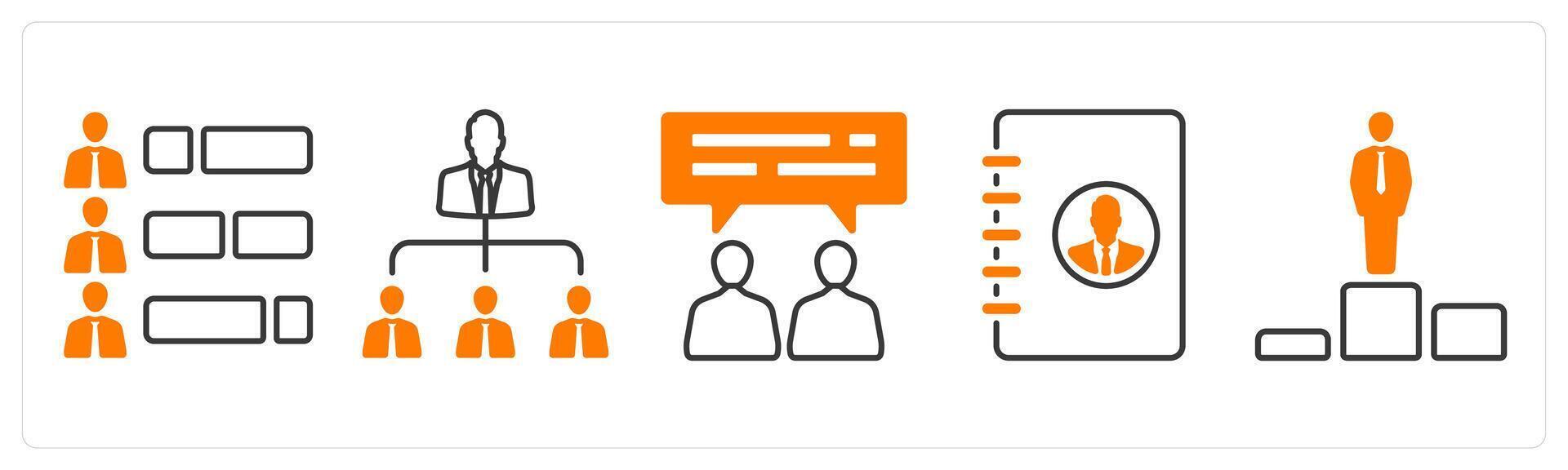A set of 5 mix icons as ability, hierarchy, training in orange color vector