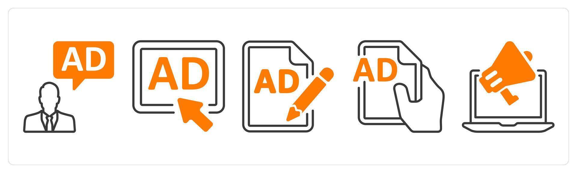 A set of 5 mix icons as ad manager, pay per click ad, compose content in orange color vector