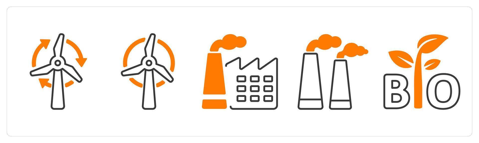 A set of 5 mix icons as wind energy, factory pollution, bio in orange color vector