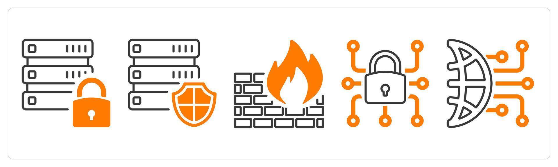 A set of 5 mix icons as database security, firewall, data lock in orange color vector