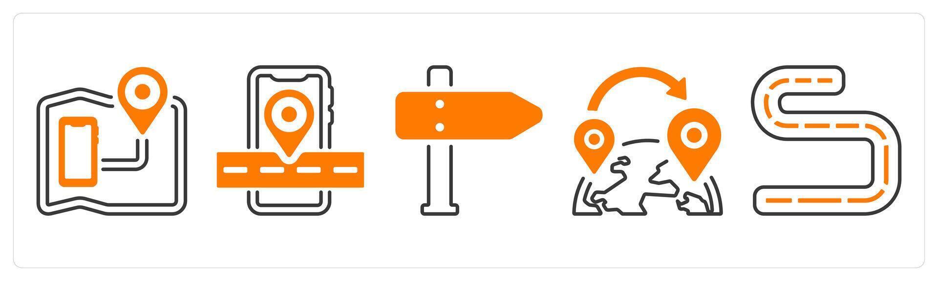 A set of 5 mix icons as travel map, location finder, direction in orange color vector