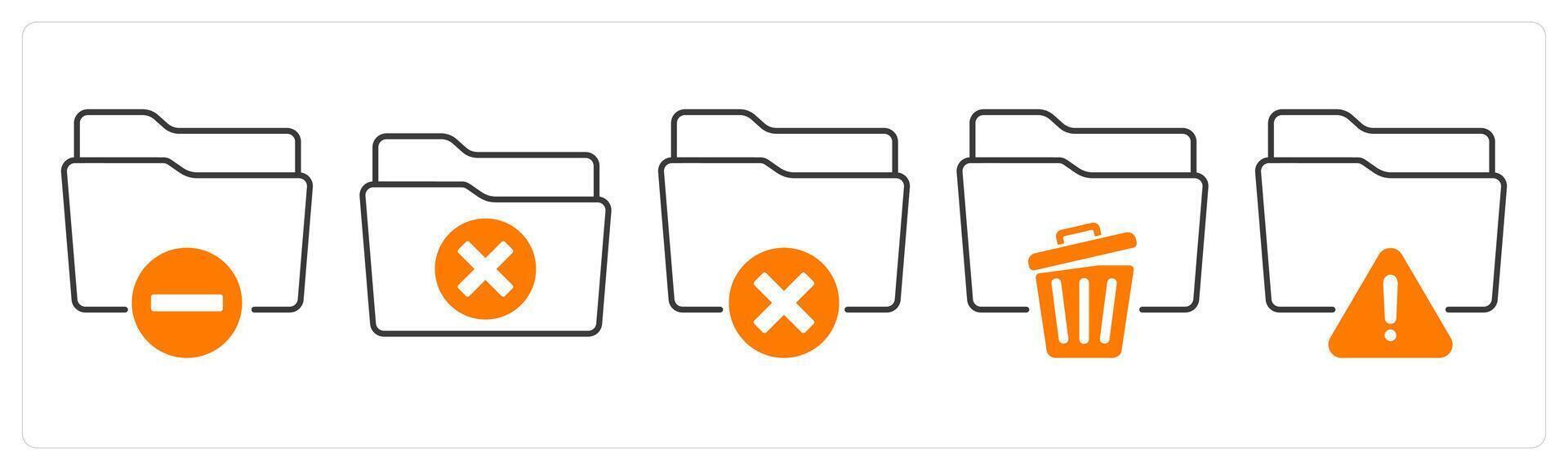 A set of 5 mix icons as minus folder, remove folder, trash folder in orange color vector