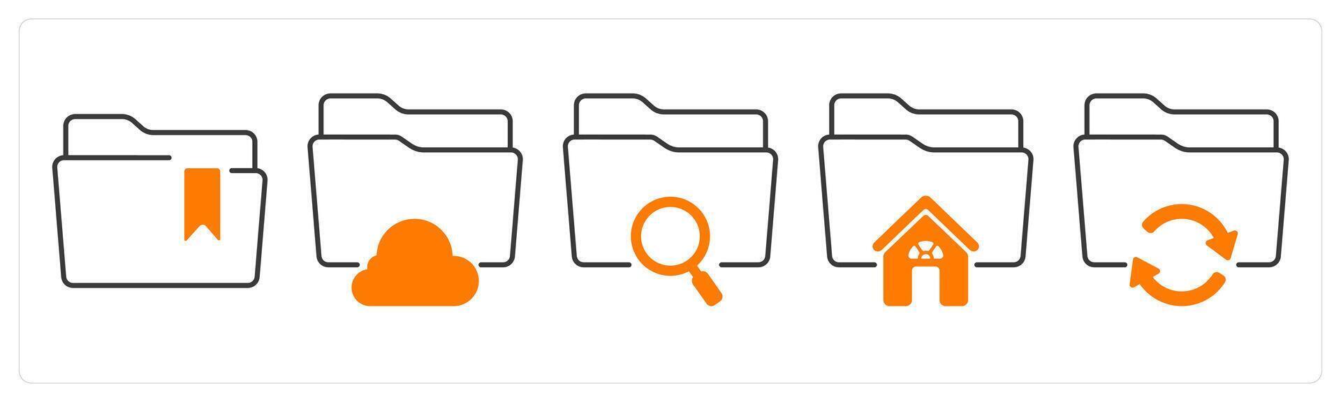 A set of 5 mix icons as bookmark folder, cloud folder, search folder in orange color vector