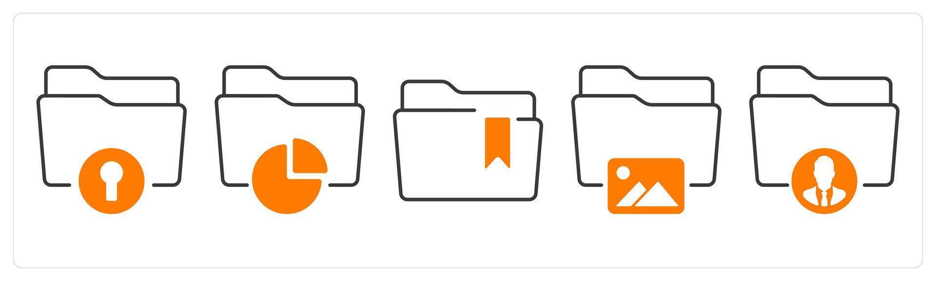 A set of 5 mix icons as secured folder, data folder, bookmark folder in orange color vector