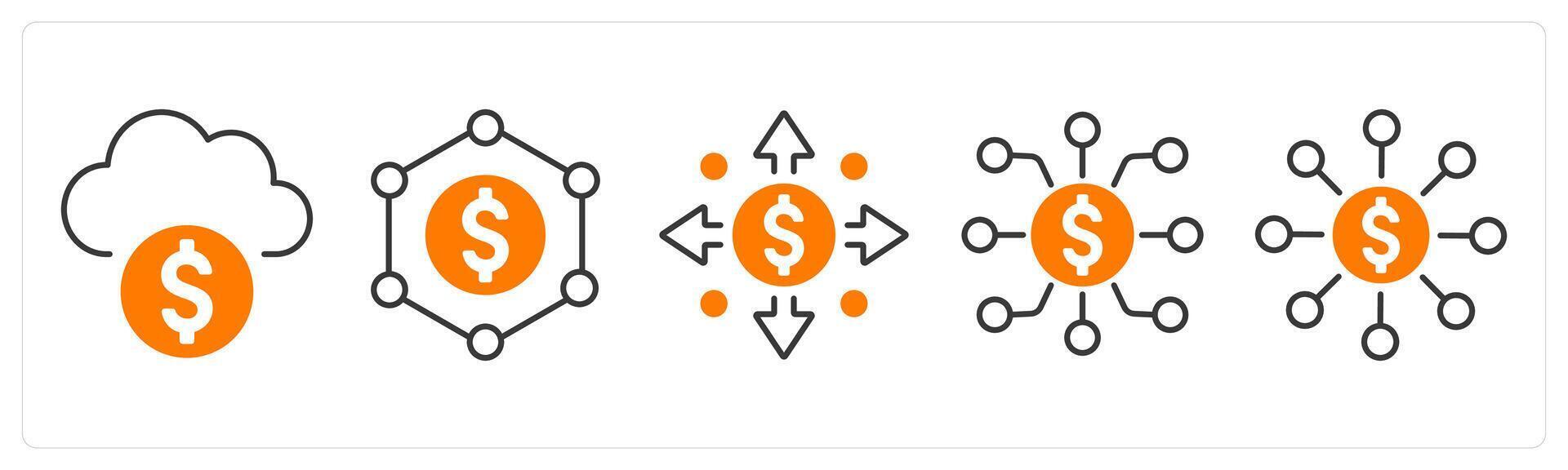 A set of 5 mix icons as cloud funding, network, money flow in orange color vector