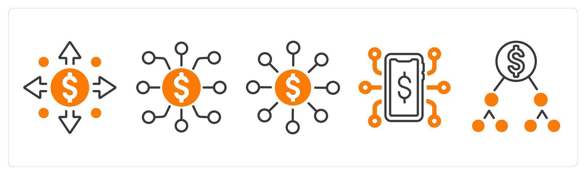A set of 5 mix icons as money flow, finance network, fundraising network in orange color vector
