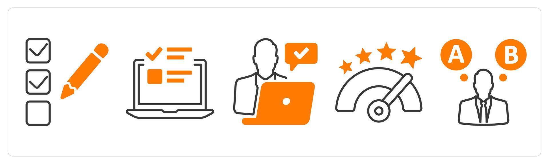 A set of 5 mix icons as checklist, online survey, review administrator in orange color vector