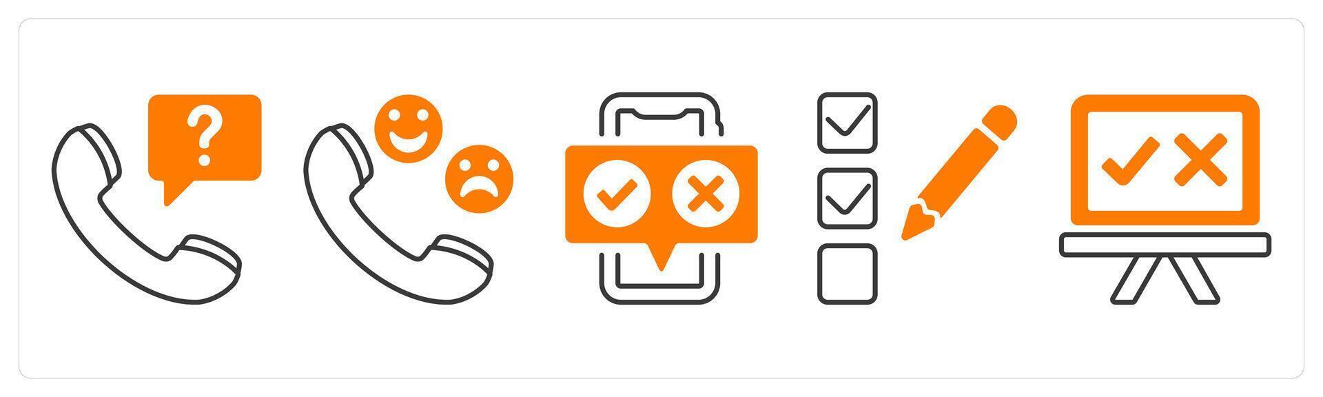 A set of 5 mix icons as interview, call survey, mobile feedback in orange color vector