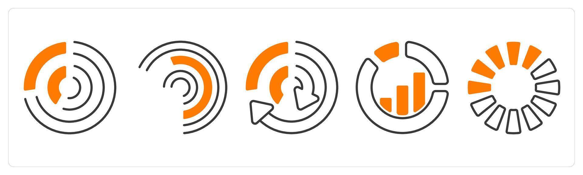 A set of 5 mix icons as pie chart, analysis, comparison in orange color vector