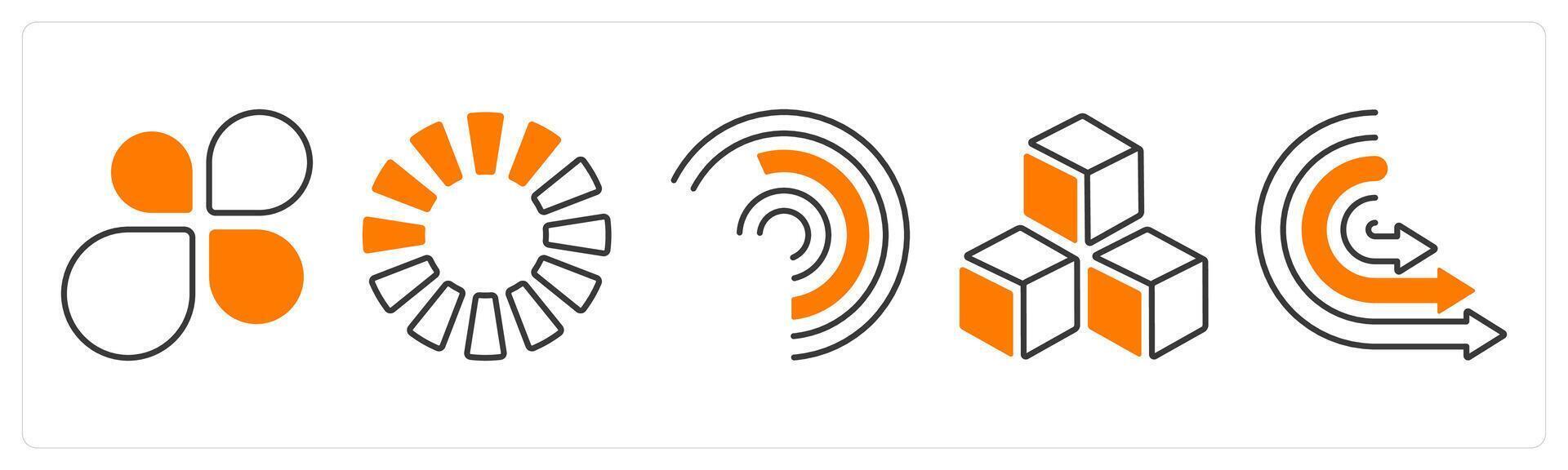 A set of 5 mix icons as flower chart, pie chart, analysis in orange color vector