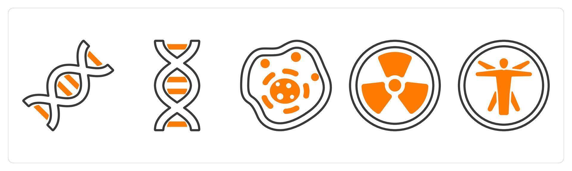 A set of 5 mix icons as dna, biology, nuclear in orange color vector
