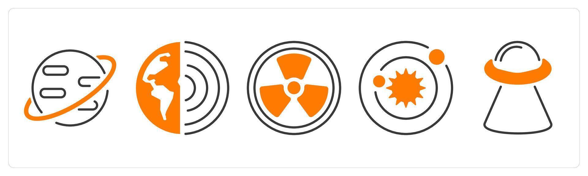 A set of 5 mix icons as planet, earth, nuclear in orange color vector