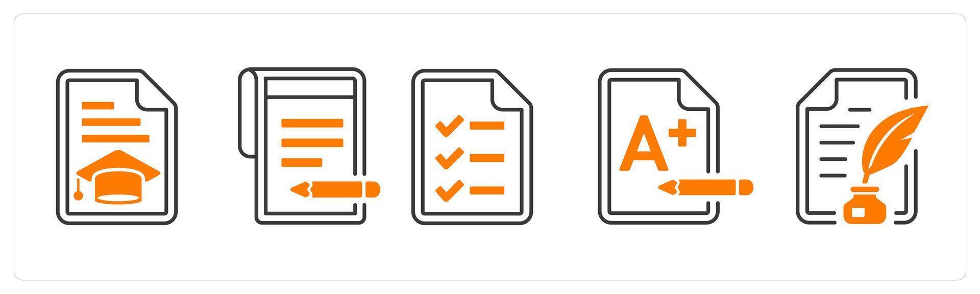 A set of 5 mix icons as certificate, write, examination in orange color vector