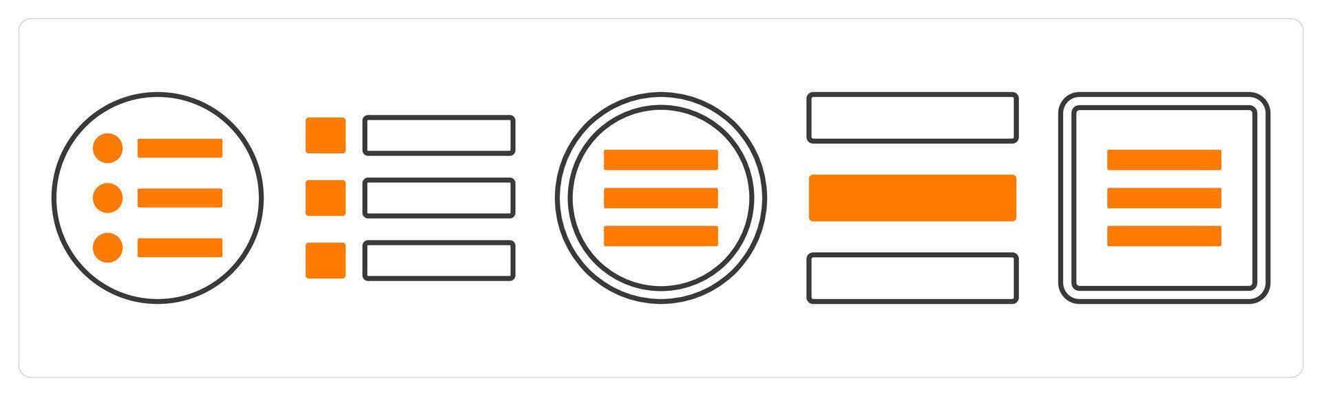 A set of 5 mix icons as bullet list, list, menu bar in orange color vector