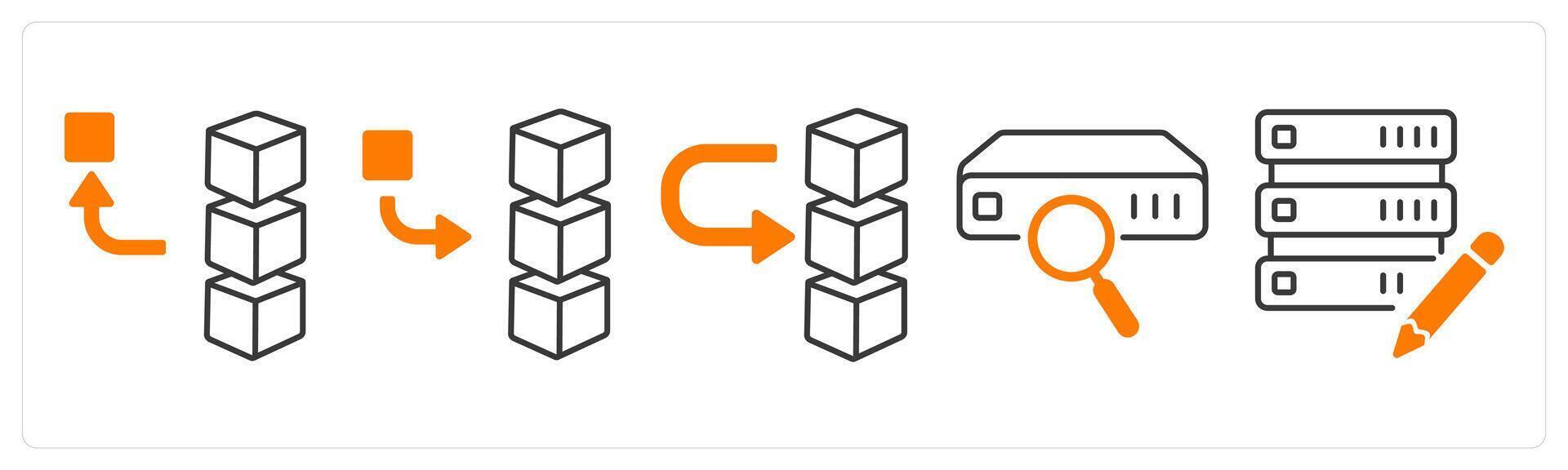 A set of 5 mix icons as remove stack, add stack, move drive data in orange color vector