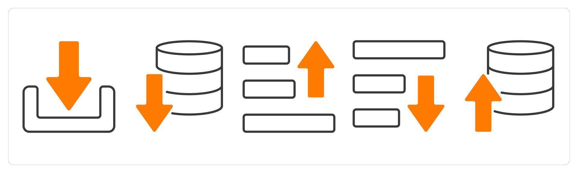 A set of 5 mix icons as download, download server, text upload in orange color vector