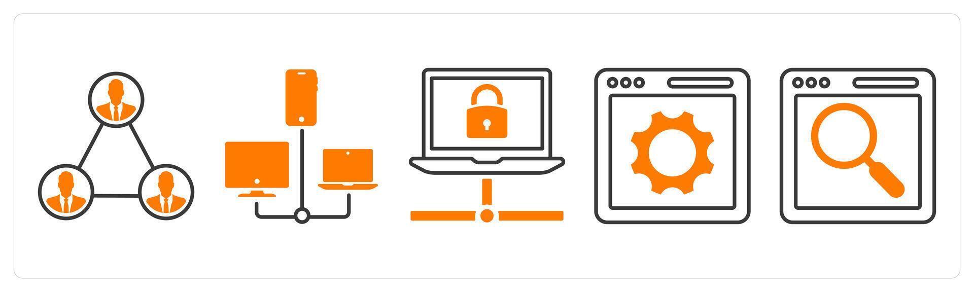 A set of 5 mix icons as network, connection, webpage settings in orange color vector