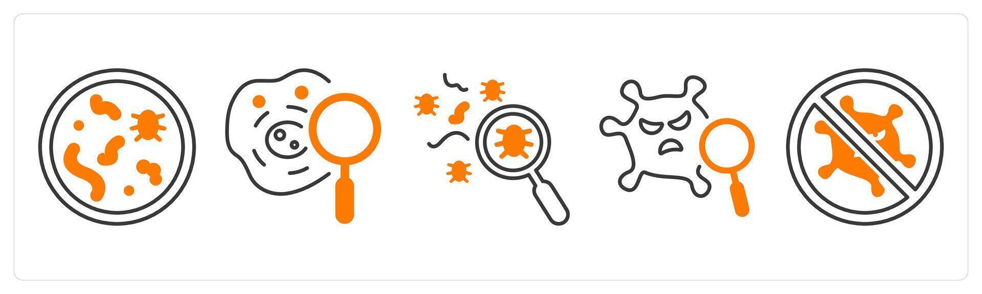 A set of 5 mix icons as bacteria, biochemistry, search infection in orange color vector