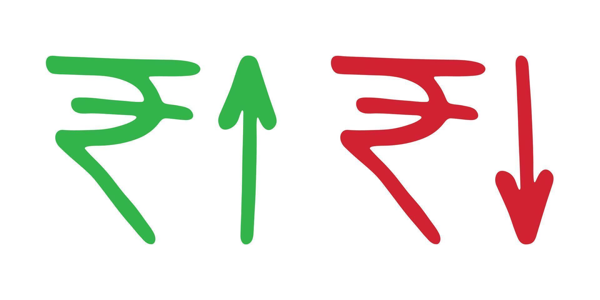 Ink four Hand drawn rupee currency symbol Growth and fall profit with arrow up and down Brush stroke doodle Element for design vector