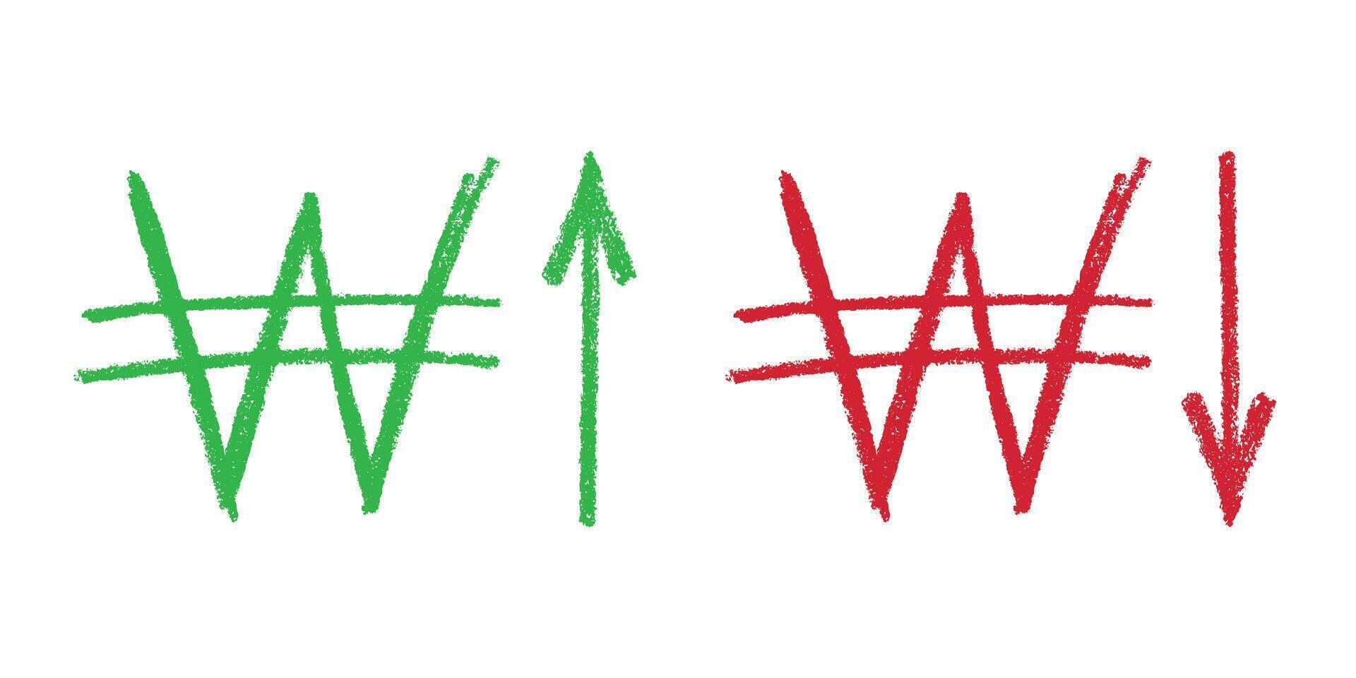 Ink five Hand drawn won currency symbol Growth and fall profit with arrow up and down Brush stroke doodle Element for design vector