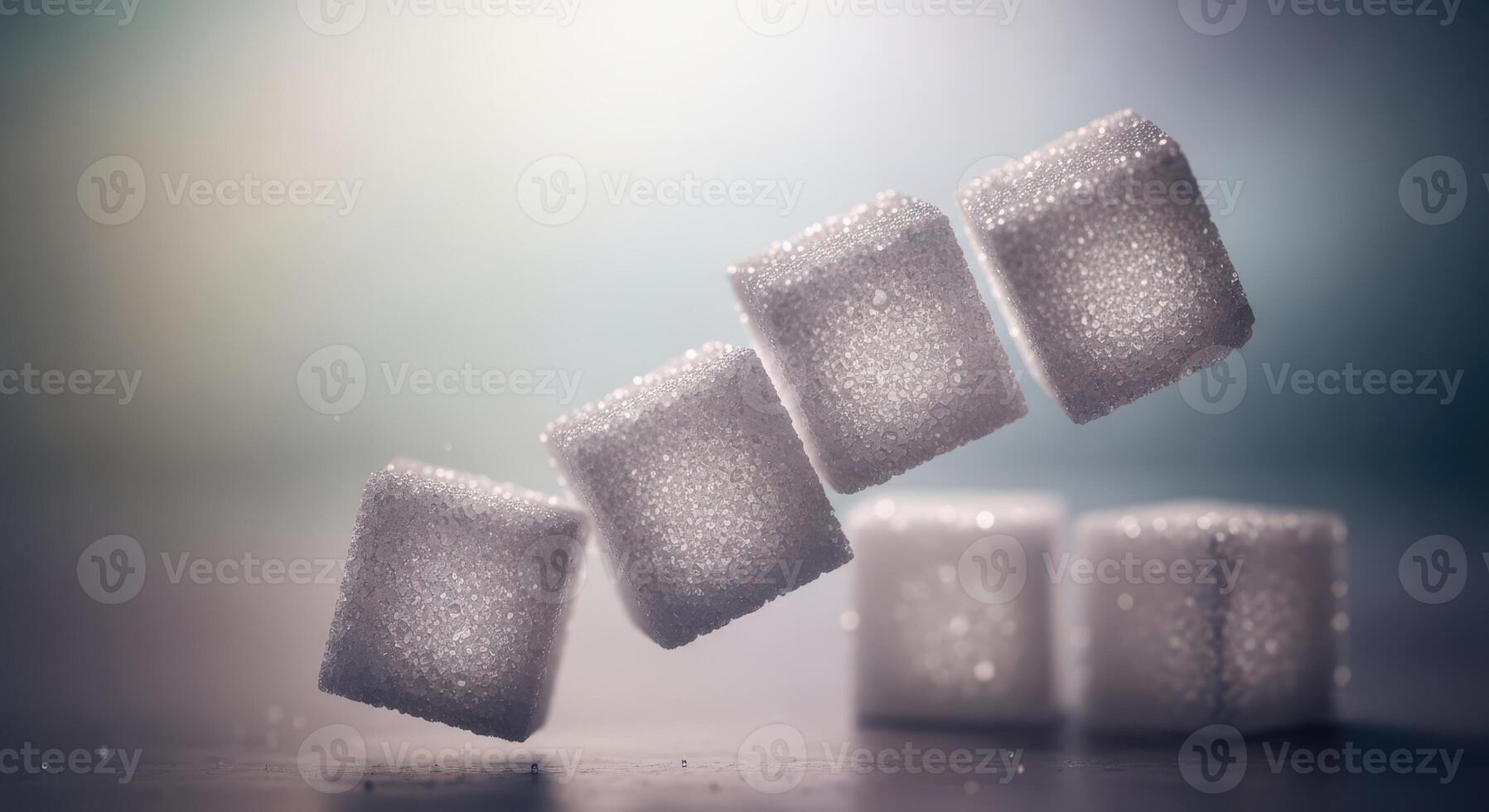 Several sugar cubes are arranged in a diagonal line some falling against a softly lit outoffocus background photo