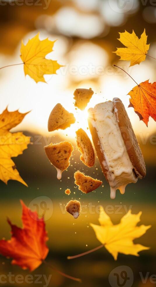 An ice cream sandwich breaks apart in the air with cookie crumbs scattering around and autumn leaves falling against a soft sunlit background photo