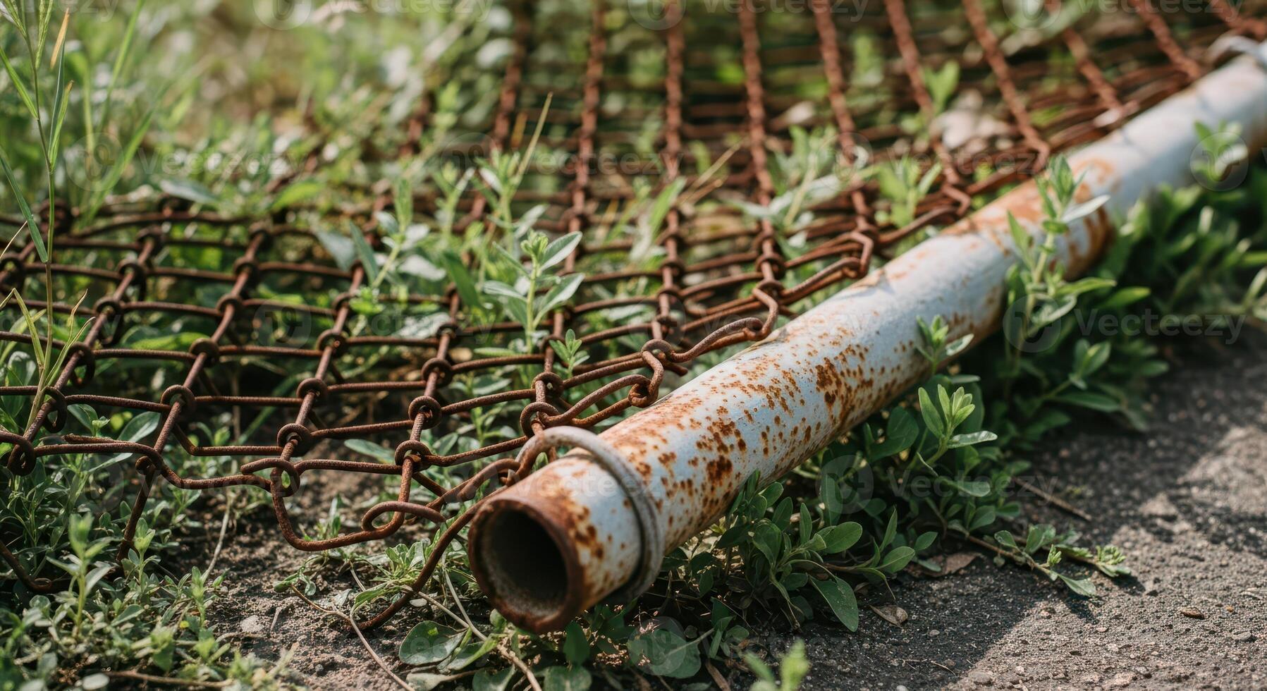 A rusty pipe laying on the ground next to a chain link fence photo
