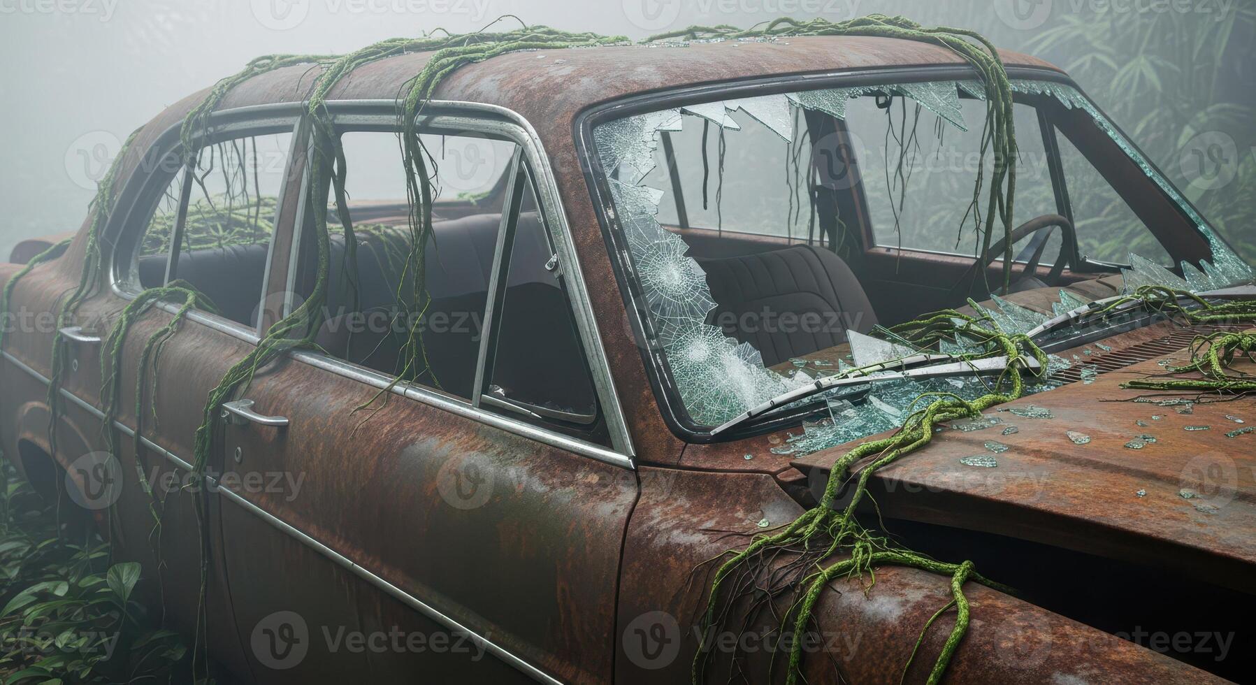 An old, rusty car is overgrown with vines in a foggy forest photo