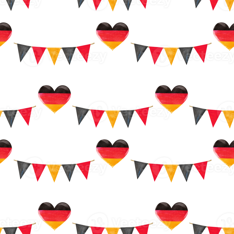 Seamless pattern with festive garlands and German flag in the shape of a heart. Watercolor illustration in red yellow and black colors png