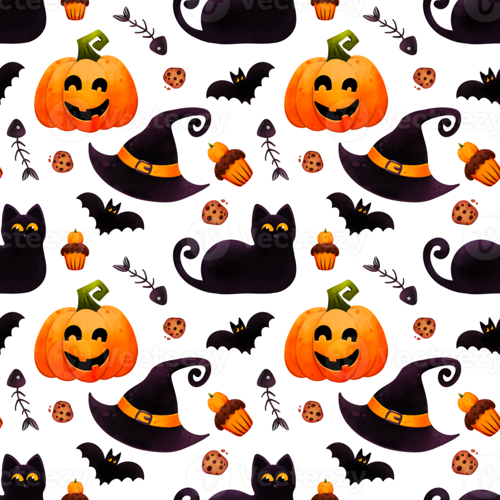 Seamless Halloween pattern with black cat, bat, hat and pumpkin, festive background elements, flat design. Perfect for festive wrapping paper and holiday decor. png