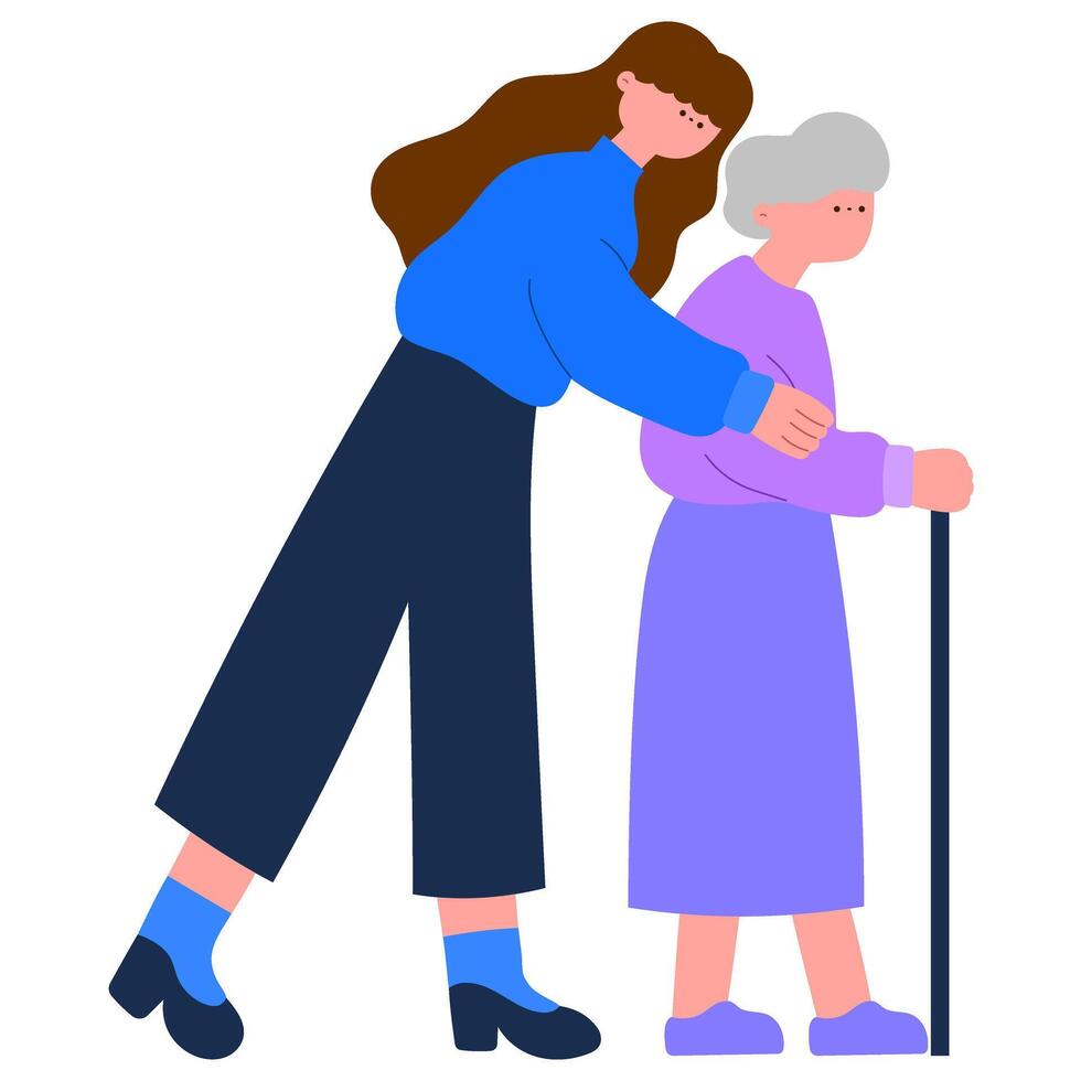 caring caregiver assisting senior woman while walking together flat illustration vector