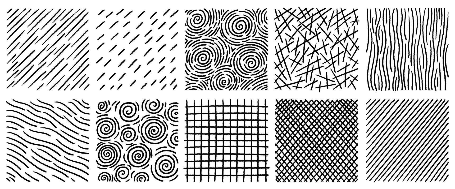 Abstract hand drawn crosshatch texture collection with scribbles swirls and scratch patterns vector