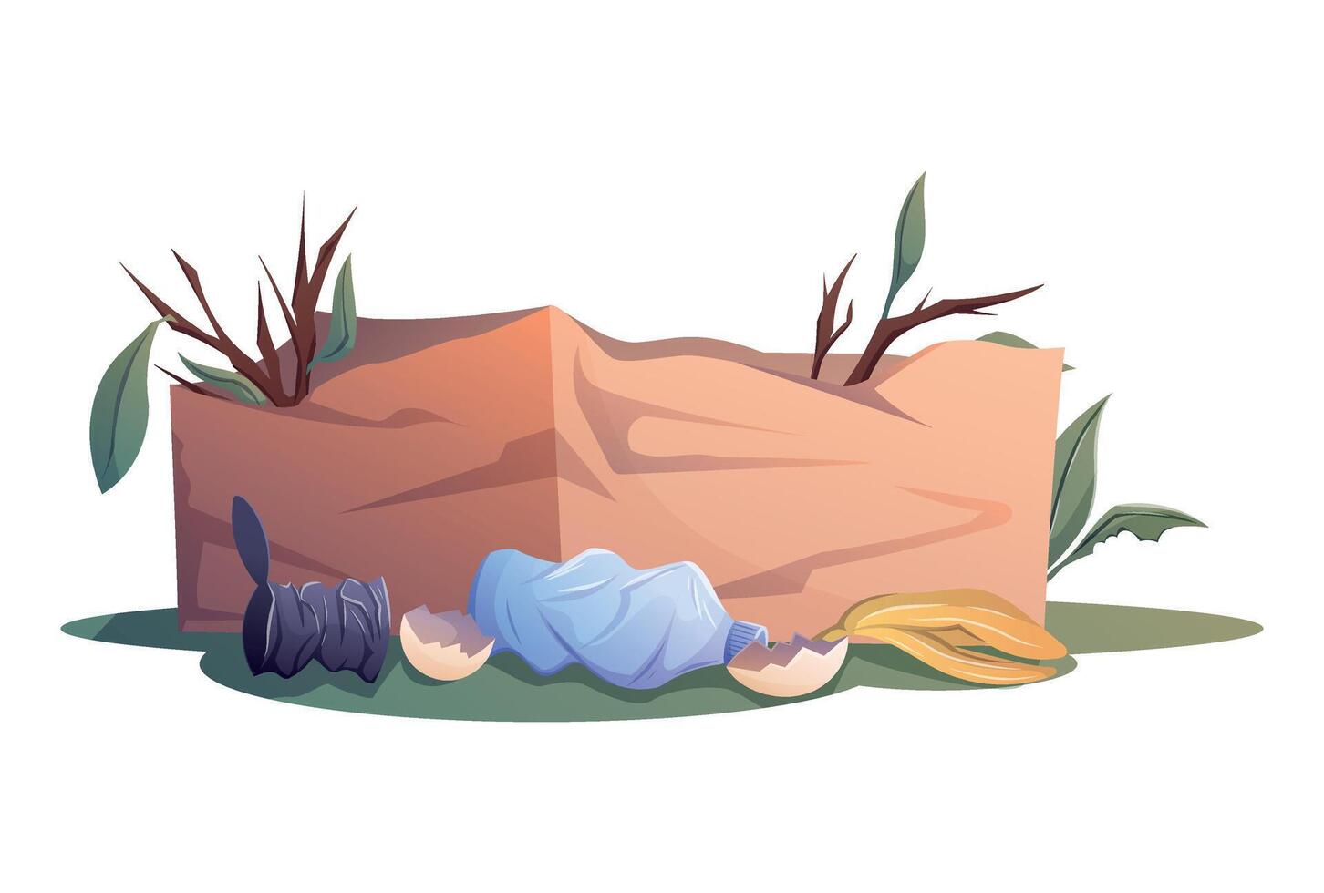 Cartoon illustration of crumpled cardboard box filled with dry branches and surrounded by trash. Isolated waste concept for recycling, ecology, and environmental pollution themes. vector