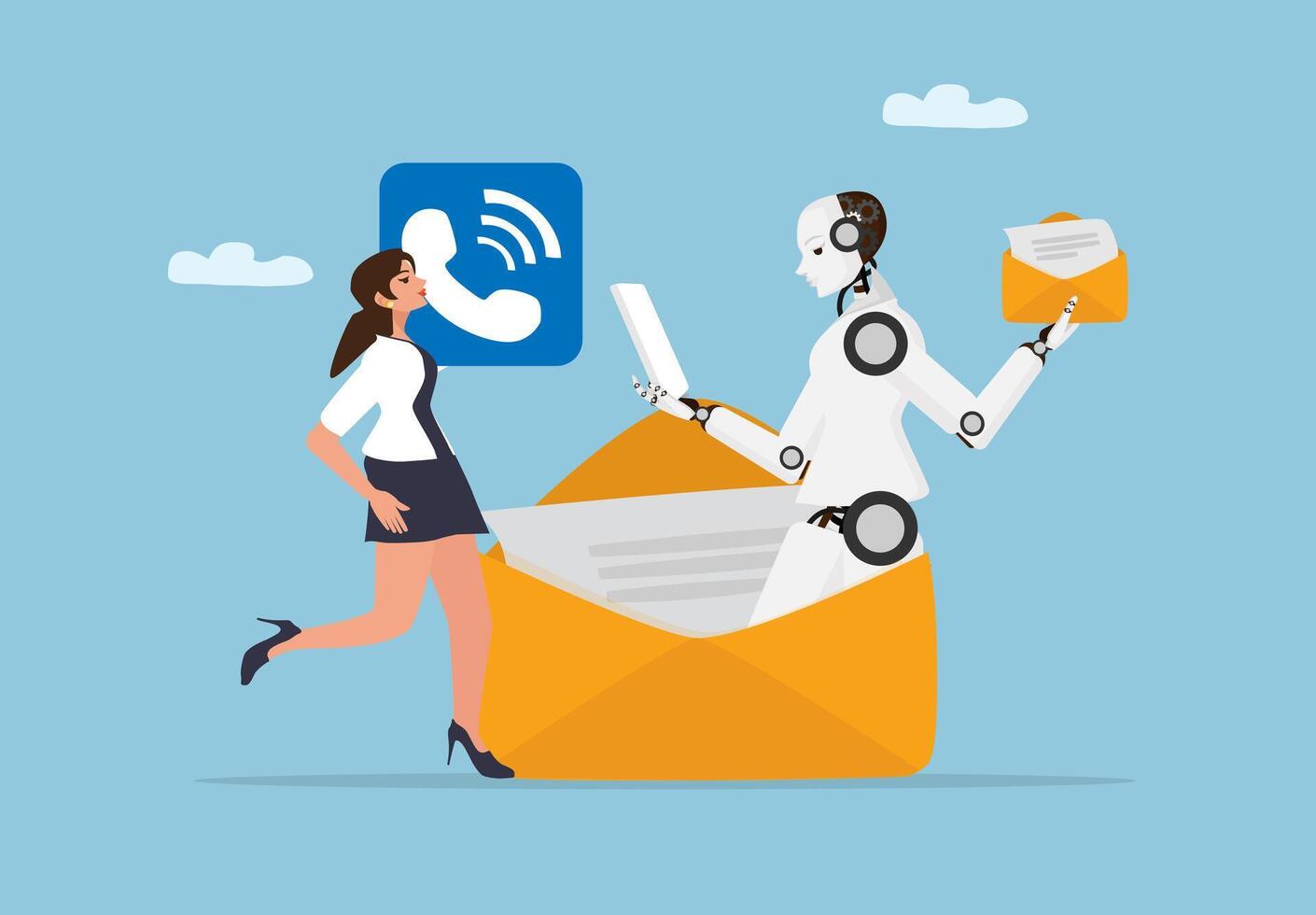 Robot Assisting Digital Communication and Email Service. Artificial Intelligence Supporting Human Interaction. vector