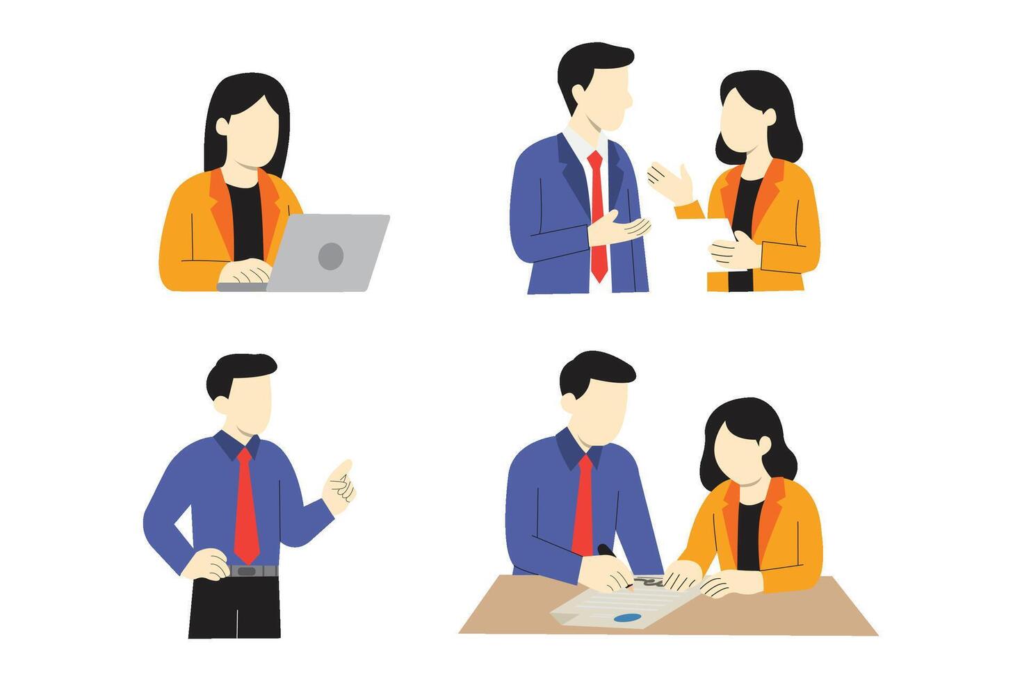 Business teamwork concept illustration showing professionals discussing, working on laptops, and signing contracts in an office environment. vector