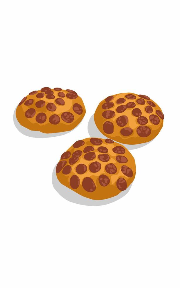 Delicious round Cookies with chocolate chips issolated on white. Bakery biscuits vector