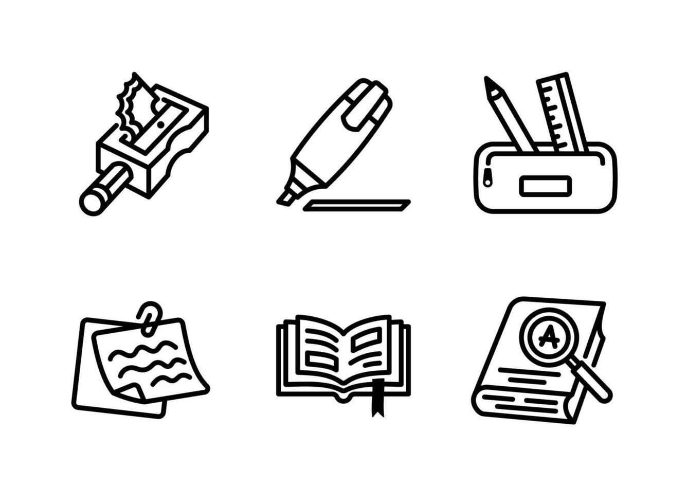 Pencil Sharpener, Highlighter Pen, Pencil Case, Sticky Note, Open Book, Dictionary Line Icons vector