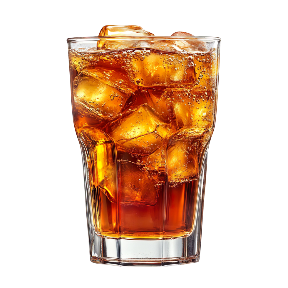 Glass of sparkling iced tea with ice cubes isolated on transparent background png