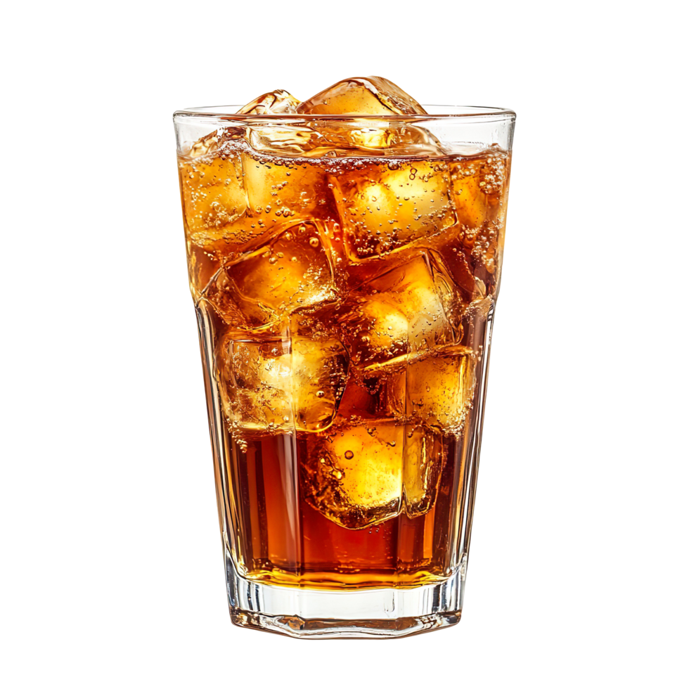 Glass of sparkling iced tea with ice cubes on transparent background png