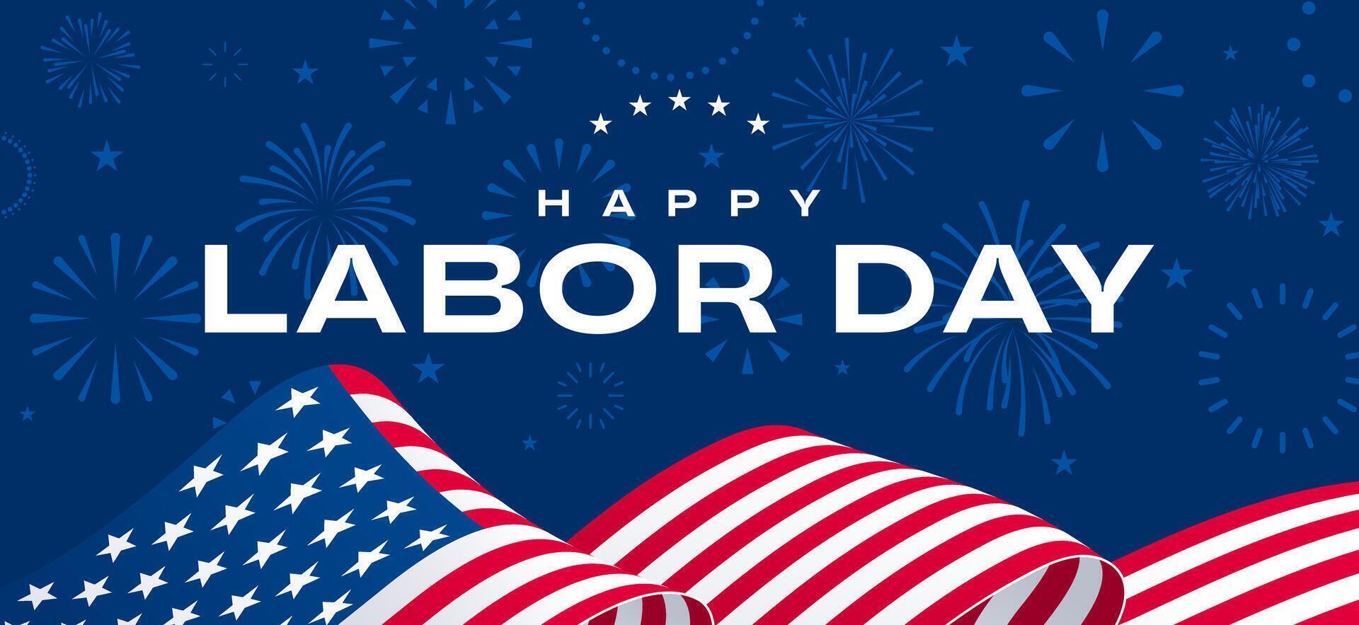 Labor Day card, fireworks and USA flag background, text banner vector