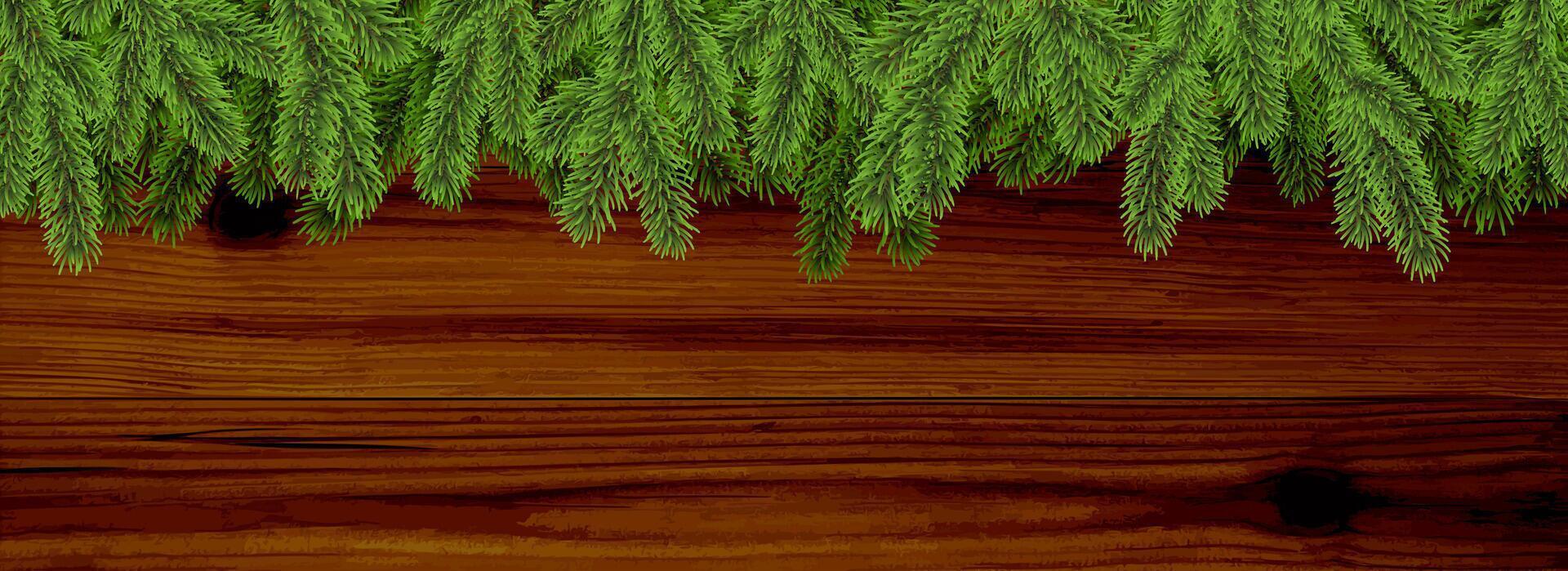 Christmas background, fir branch border, wood plank banner vector