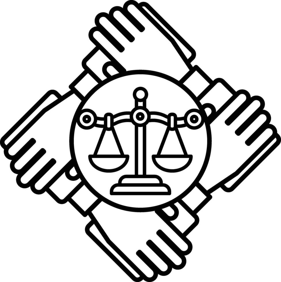 A black and white image of four hands holding a scale vector